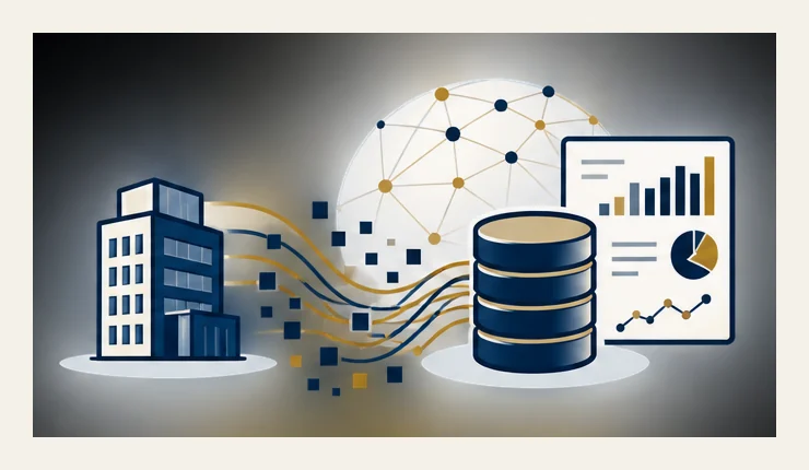 An operating business feeding data into a central enterprise data platform, which in turn produces analytics and reporting.