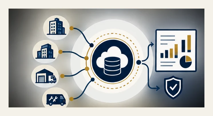 Multiple acquired operating companies — offices, warehouses and field-service fleets — connecting into one shared cloud platform that delivers unified reporting and managed-service assurance.