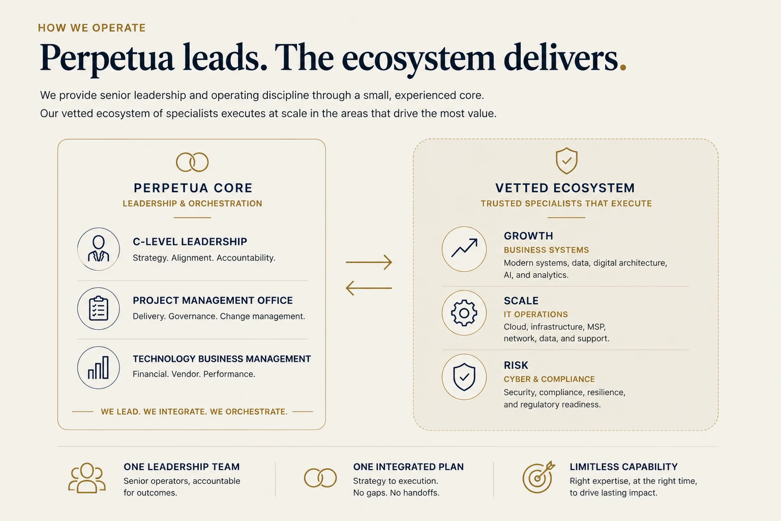 How we operate: Perpetua leads, the ecosystem delivers. We provide senior leadership and operating discipline through a small, experienced core; our vetted ecosystem of specialists executes at scale in the areas that drive the most value. The Perpetua Core provides leadership and orchestration: C-level leadership for strategy, alignment and accountability; a project management office for delivery, governance and change management; and technology business management for financial, vendor and performance oversight. We lead, we integrate, we orchestrate. The vetted ecosystem is trusted specialists that execute: Growth, covering business systems &mdash; modern systems, data, digital architecture, AI and analytics; Scale, covering IT operations &mdash; cloud, infrastructure, MSP, network, data and support; and Risk, covering cyber and compliance &mdash; security, compliance, resilience and regulatory readiness. Together this means one leadership team of senior operators accountable for outcomes, one integrated plan from strategy to execution with no gaps and no handoffs, and limitless capability &mdash; the right expertise at the right time to drive lasting impact.