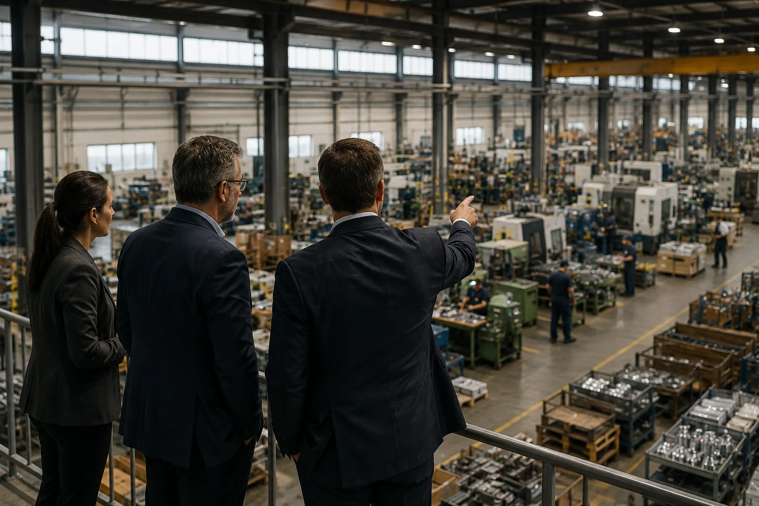 Three executives on a mezzanine overlooking an active manufacturing floor, one gesturing toward the operation below.